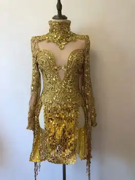 Золотое Потрясающее женское мини-платье с кисточками и пайетками, костюм Трансвестита на День Рождения, наряд для выступления на сцене, вечернее шоу в баре.