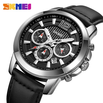 Кварцевые часы SKMEI от ведущего бренда, модные роскошные кожаные мужские наручные часы, оригинальный кварцевый механизм, простой циферблат с секундомером и датой.