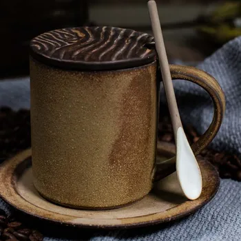 Керамический набор кофейных чашек и блюдец ручной работы в японском стиле в стиле ретро, художественная чашка, керамическая кофейная чашка ручной работы с крышкой