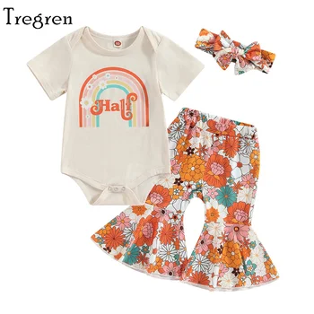 Комплект одежды для новорожденной девочки Tregren 3-9 месяцев, комплект одежды для Дня рождения с буквенным принтом, комбинезон с круглым вырезом, цветочные расклешенные брюки, повязка на голову