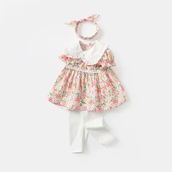 Комплект платья для маленьких девочек с лентой для волос, лето 2023, Новая мода, кукольный воротник, юбка с коротким рукавом и цветочным рисунком, хлопковая сладкая ткань для младенцев