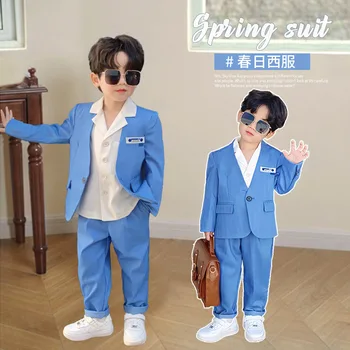 Комплект синего костюма для мальчиков на весну 2023 года, детское Корейское платье, праздничный костюм для выступлений, детские модные куртки, брюки, одежда из 2 предметов