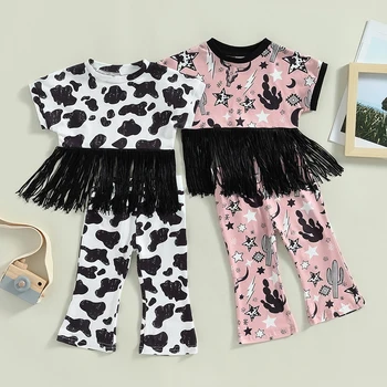 Комплекты одежды для девочек, Летняя одежда для маленьких девочек, Футболка с короткими рукавами и кисточками с принтом коровы + брюки, костюм для девочек, детская одежда