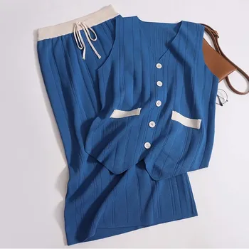 Корейский шикарный Модный комплект из 2 предметов, женский летний Элегантный вязаный жилет без рукавов, топ + Миди-юбки с эластичным поясом, Повседневная одежда