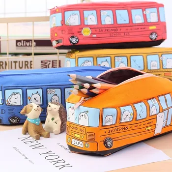 Креативный пенал для школьного автобуса, большая вместительная холщовая сумка для карандашей с мультяшными животными, сумка для карандашей для школьных принадлежностей Kawaii