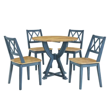 Круглый обеденный стол из 5 предметов середины века с перекладинами на ножках и 4 Обеденными стульями со скрещенными спинками, старинный Дуб + Старинный Синий