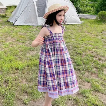 Летнее платье-майка без рукавов для девочек, свободное и удобное платье-комбинация в стиле французского кантри с фиолетовым клетчатым рисунком