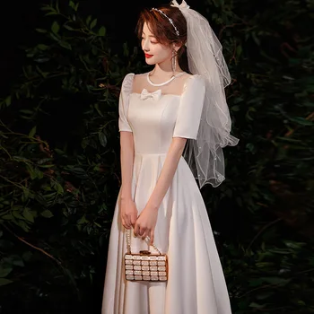 Летнее элегантное свадебное платье трапециевидной формы, Винтажное Белое вечернее платье с круглым вырезом и короткими рукавами, женское вечернее платье