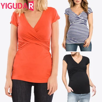 Летняя женская одежда для беременных, одежда для грудного вскармливания, одежда для беременных с коротким рукавом, плиссированная открытая сбоку футболка для беременных, топ
