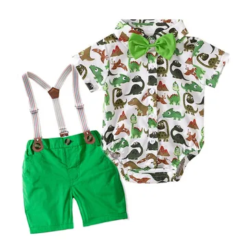 Летняя одежда с рисунком динозавра для маленьких мальчиков, комбинезон с бантом + шорты + пояс, Комплекты из 4 предметов для младенцев