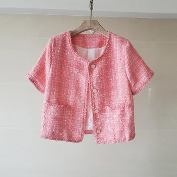 Маленький ароматный розовый кардиган, куртка с короткими рукавами, лето 2021, новый стиль, женская дикая мода, толстый цветок, круглый вырез, темперамент
