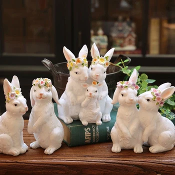 Милые белые цветочные сестры-кролики, пара, Декоративные украшения из смолы, аксессуары для дома, гостиной, Статуэтки для сада, поделки