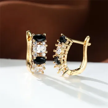 Милые черно-белые серьги-кольца с цирконом, женские роскошные Хрустальные серьги с овальным камнем, свадебные серьги цвета розового золота для женщин