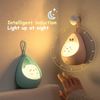 Милый ночник в виде животного с сенсорным управлением, индукционная лампа для детей, спальня, USB Перезаряжаемые Силиконовые светодиодные настенные светильники
