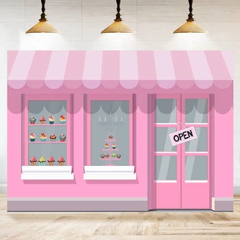 Милый розовый фон для фотосъемки в тематическом кафе-мороженом, фон для фотосъемки вечеринки по случаю Дня рождения принцессы, дверь, окно, декор стола для торта