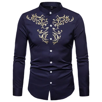 Модная Мужская рубашка с вышивкой с воротником-стойкой 2021, Брендовая рубашка с длинным рукавом на пуговицах, Мужские Вечерние Деловые Повседневные Рубашки Slim Fit
