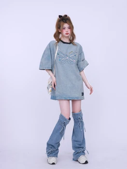 Модные Винтажные футболки с вышивкой бабочкой в стиле пэчворк, джинсовые топы с круглым вырезом и коротким рукавом, футболки, Летняя Повседневная Свободная Женская одежда