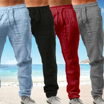 Модные мужские брюки Тренд четырех сезонов, дышащие и удобные льняные мужские повседневные брюки, брюки с эластичной талией, мужская одежда