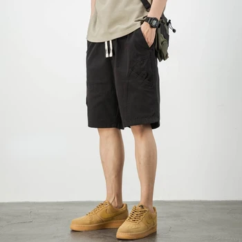 Модные мужские шорты-карго 2023, Летние хлопковые Однотонные брюки со средней талией и эластичной резинкой на талии Длиной до колен, мужские короткие брюки U182