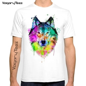 Модные повседневные топы с изображением волка, новинка, крутые мужские футболки, Волчья акварельная живопись, футболка с животными, новая летняя мужская футболка