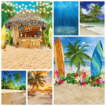 Морской пляж, песок, облачное голубое небо, летний пляжный фон для фотосъемки в фотостудии, тропические пальмы, фон кокосовой пальмы