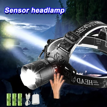 Мощный светодиодный налобный фонарь с датчиком налобной фары 18650 USB Перезаряжаемый Водонепроницаемый налобный фонарь Zoom Fishing Head Светодиодный фонарик-фонарь