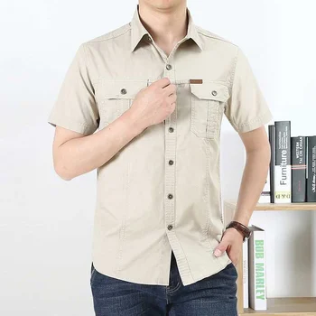 Мужская рубашка с коротким рукавом из 100% хлопка, военная рабочая рубашка-карго, мужская одежда Classic 2023, Новое лето