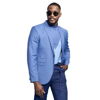 Мужские костюмы, куртка, приталенный комплект из 2 предметов/ множество карманов, уникальный дизайн, Синий блейзер, темно-синие брюки, повседневный комплект мужской одежды на каждый день