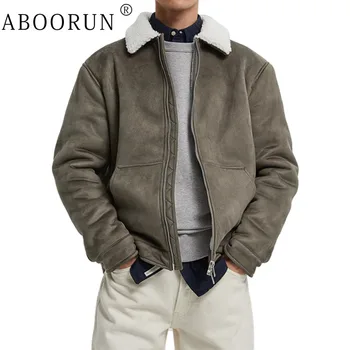 Мужские куртки ABOORUN, замшевые флисовые пальто, мотоциклетная парка из искусственной кожи, зимняя теплая верхняя одежда для мужчин