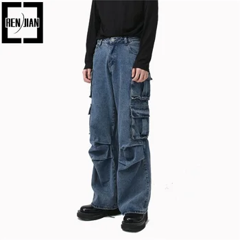 Мужские модные джинсы-карго в стиле хип-хоп с множеством карманов свободного кроя, джинсовые брюки в стиле Y2K, ковбойские брюки синего цвета, выстиранные