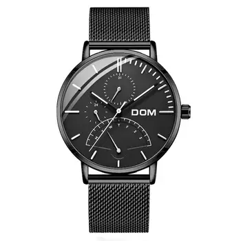 Мужские часы DOM Люксового бренда, многофункциональные мужские спортивные кварцевые часы, водонепроницаемые Кожаные Черные наручные часы, Модные мужские часы
