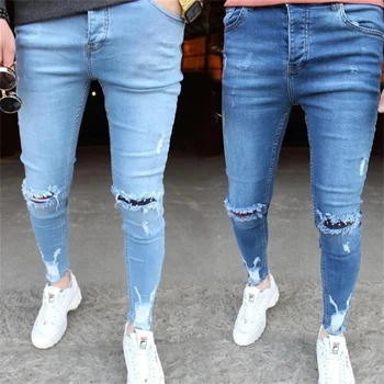 Мужские эластичные Рваные обтягивающие байкерские джинсы чистого цвета, поцарапанные, с проклеенными дырками, облегающие джинсовые брюки высокого качества в стиле хип-хоп