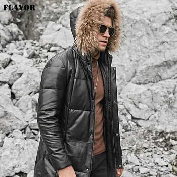 Мужское пуховое пальто FLAVOR из натуральной кожи, мужская зимняя теплая куртка из натуральной овечьей кожи на белом утином пуху с капюшоном из меха енота