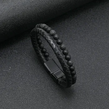 Мужской кожаный браслет из сплава вулканического камня, плетеный браслет из натуральной воловьей кожи с магнитной пряжкой, подарок для пары