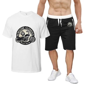 Мужской комплект с коротким рукавом, Летние винтажные футболки с принтом Glory Bounds Motorcycle USA, Шорты, костюм из 2 предметов спортивной одежды