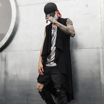 Мужской летний хлопковый и льняной уличный панк-хип-хоп длинный жилет с разрезом по бокам, безрукавка нерегулярной формы, мужской винтажный повседневный плащ