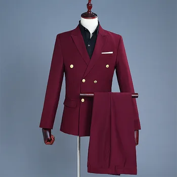Мужской приталенный костюм из 2 предметов, однобортный деловой повседневный свадебный выпускной вечерний бордовый пиджак + брюки