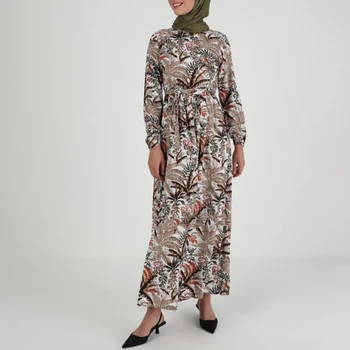 Мусульманское Скромное платье-хиджаб для женщин 2022 с этническим принтом, круглый вырез, длинный рукав, полностью закрывающий Макси-халат, платья-качели с поясом, женские платья-качели