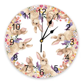 Настенные часы с акварелью и цветами Пасхального кролика, бесшумные цифровые часы для украшения дома, спальни, кухни, гостиной