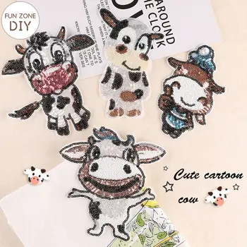 Нашивки с изображением мультяшной коровы FZdiy для одежды, аппликации из блесток, принадлежности для шитья одежды, декоративные нашивки с блестками, значки для одежды