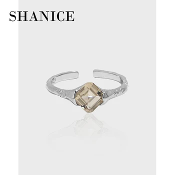Нишевый дизайн SHANICE Korean ins, инкрустированный геометрической квадратной текстурой циркона, женское кольцо из стерлингового серебра S925 пробы с открытым кольцом