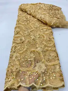 НОВАЯ кружевная ткань с золотыми 3D бусинами 2023 г. Высококачественная сетчатая вышивка, аппликация из тюля с 3D цветами, нигерийские кружевные ткани для новобрачных