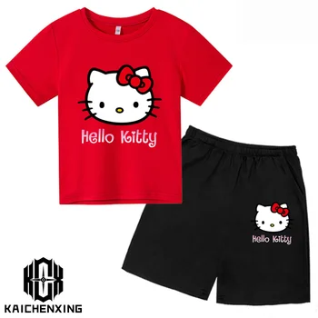 Новая хлопковая футболка Hello Kitty для девочек Harajuku Sanrio, летний повседневный женский комплект футболок, одежда для маленьких мальчиков, топы Miniso для девочек с героями мультфильмов