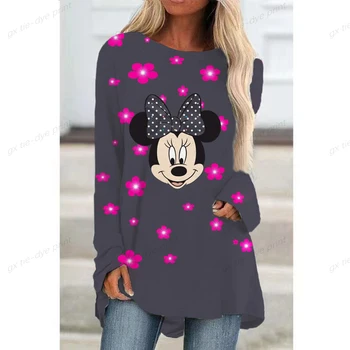 Новая элегантная женская футболка с цветочным принтом и длинным рукавом, женская повседневная уличная футболка с круглым вырезом и Микки Маусом от Disney, модная длинная футболка