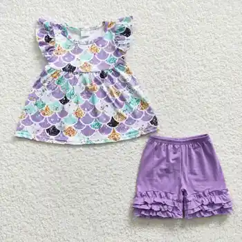 Новое обновление, бутик RTS, детские шорты с оборками, костюмы, летняя одежда для малышей, Фиолетовые комплекты для девочек
