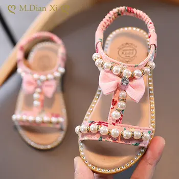 Новые летние детские пляжные сандалии для малышей, милые туфли принцессы с бантом и жемчугом для девочек, детские модные вечерние сандалии на плоской подошве, детская обувь