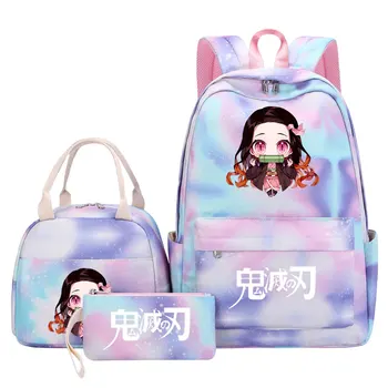 Новый Kawaii Demon Slayer Для девочек, детские сумки для ланча, сумки для книг, 3 предмета, женские школьные сумки для подростков, дорожный ноутбук, Радужный рюкзак
