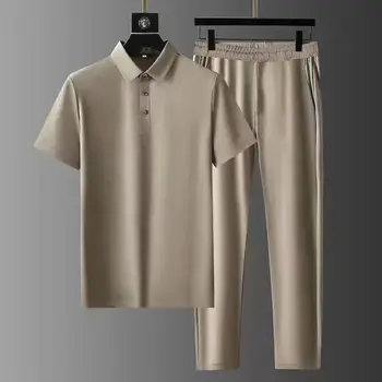 Новый мужской костюм с ЛАЦКАНАМИ высокого класса 2023, летний деловой шелковистый Тонкий Спортивный комплект из двух предметов с коротким рукавом для отдыха, мужской костюм