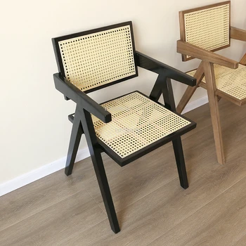 Обеденные стулья из массива дерева в скандинавском стиле, Японская мебель для гостиной, домашний обеденный стул из ротанга для кухни, кресло для отдыха со спинкой