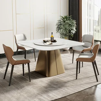 Обеденный стол из каменной плиты простой прямоугольный легкий роскошный обеденный стол и стулья из нержавеющей стали высокого класса для виллы